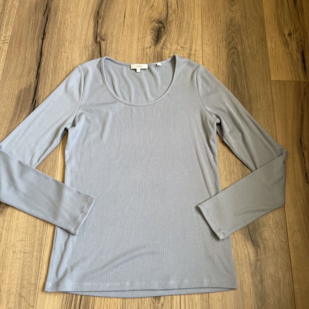 Vince Womens Large Scoop Neck Solid Long Sleeve Shirt Blue Ribbed Modal